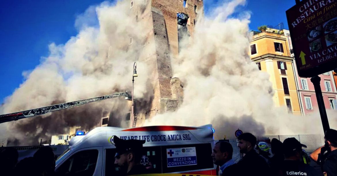 SHOCK VIDEO: Rome Medieval Tower Partially Collapses During Renovation Works – Rescuers Frantically Trying to Save Worker Who Remains Trapped Under the Rubble