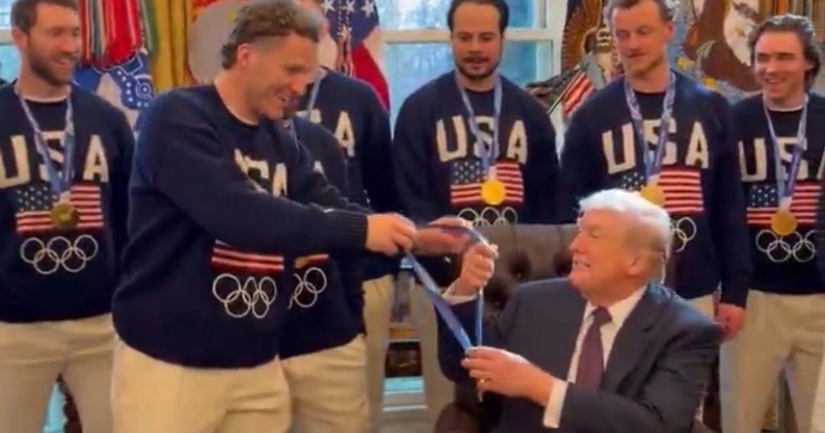 GOING VIRAL: Trump Welcomes Team USA Men’s Hockey Players to Oval Office, Wears Hockey Champ Matthew Tkachuk’s Gold Medal (VIDEO)