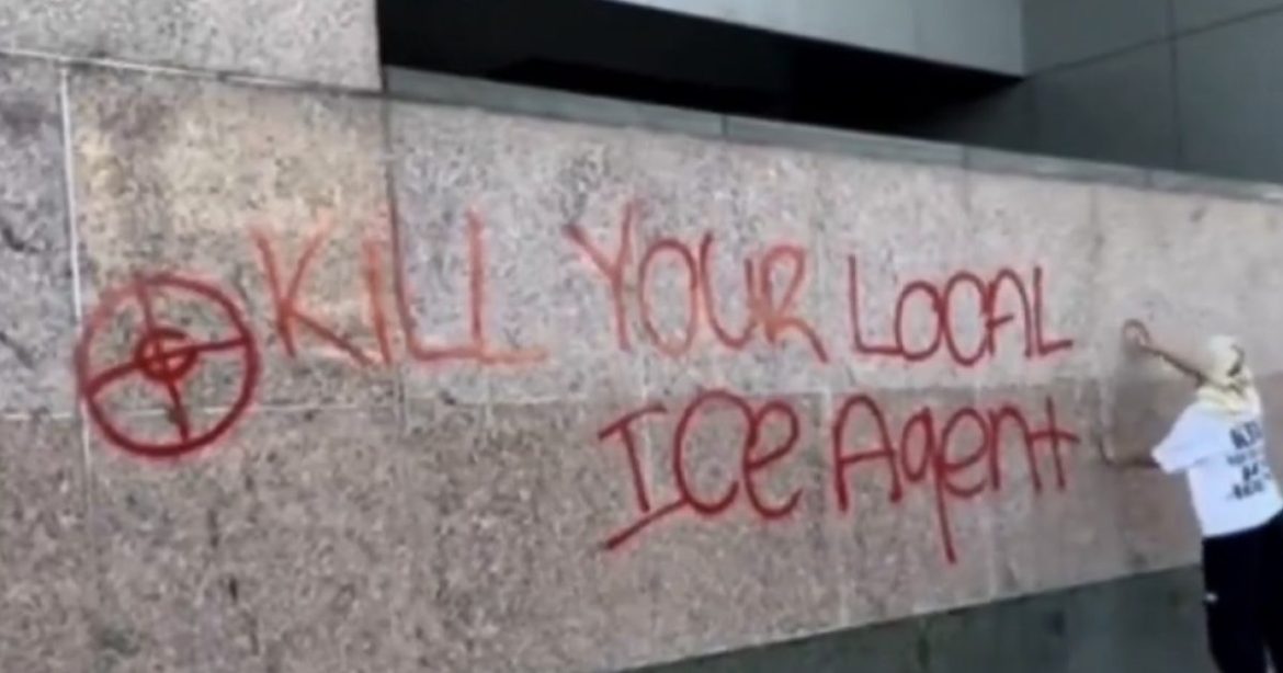 INSANE! No Kings Protester Graffitis “KILL YOUR LOCAL ICE AGENT” on Federal Building in Los Angeles as Rioters Clashed with Federal Agents and Threw Concrete Blocks – 75 Arrested (VIDEO)