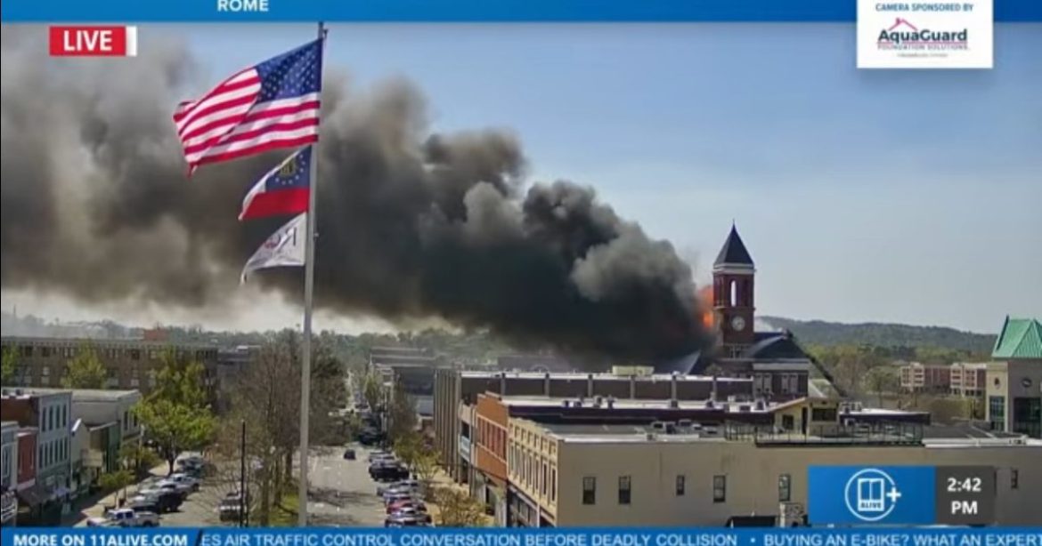 DEVELOPING: Historic Courthouse in Rome, Georgia on Fire – Fully Engulfed in Flames (VIDEO)