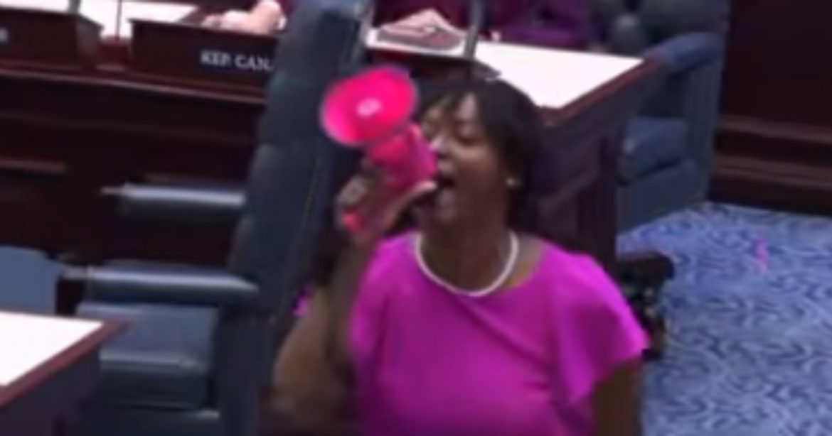 CRAZY VIDEO: Florida Democrat Rep. Angie Nixon STORMS HOUSE AISLE with Pink Bullhorn Screaming ‘Violation of the Constitution!’ as DeSantis’ Redistricting Map Passes