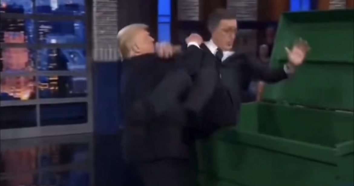 INSTANT CLASSIC! Trump Posts EPIC AI Video of Him Throwing Stephen Colbert in Dumpster, Then Doing Trump Dance After Colbert Fired by CBS (VIDEO)